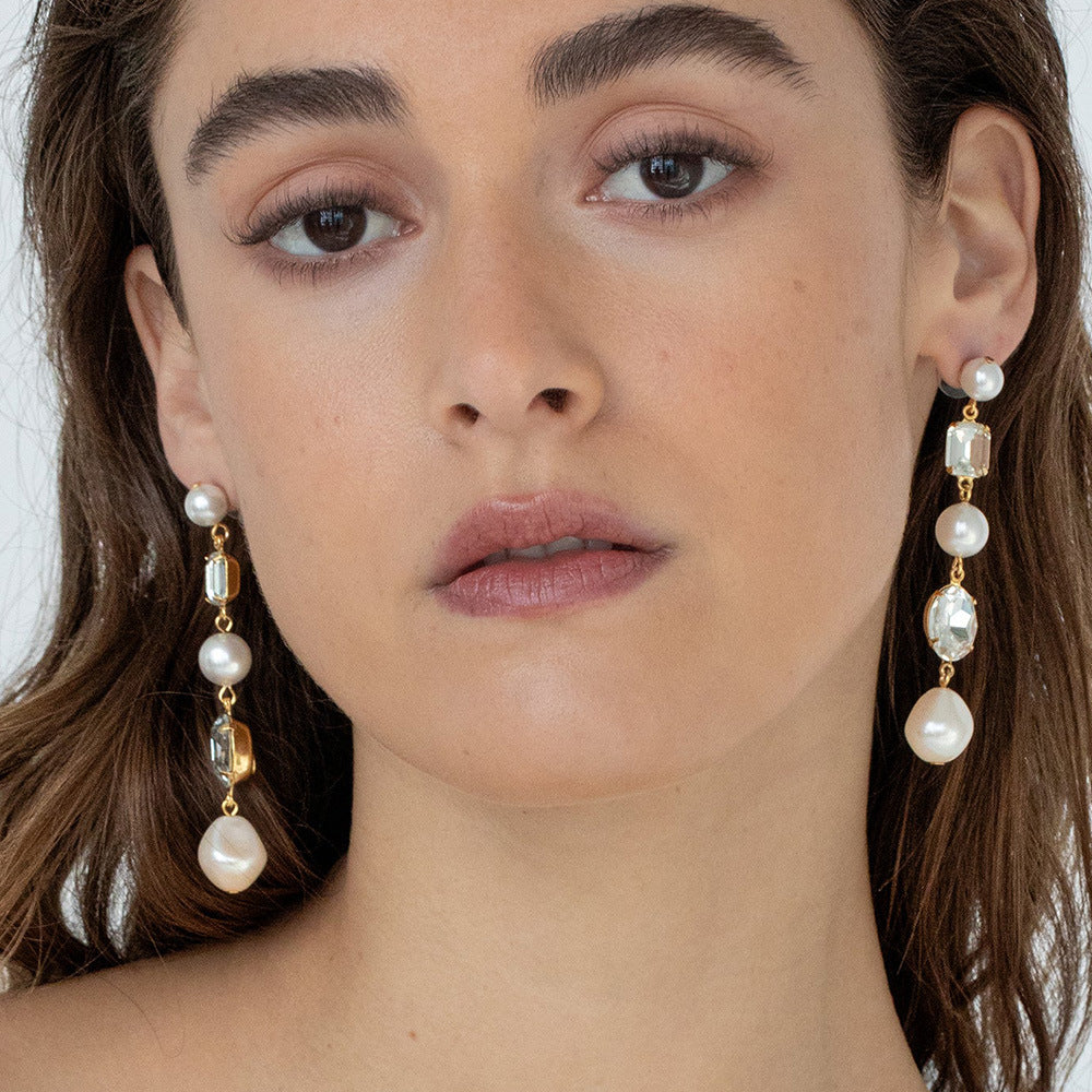 Geometric Gold Earrings For Women With Rhinestones Inlay, Perfect For Wedding Occasions