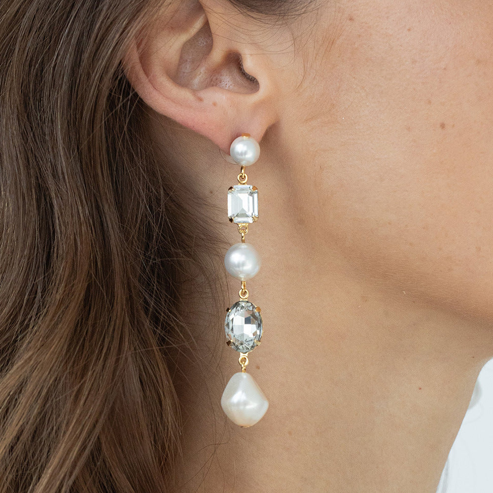 Geometric Gold Earrings For Women With Rhinestones Inlay, Perfect For Wedding Occasions