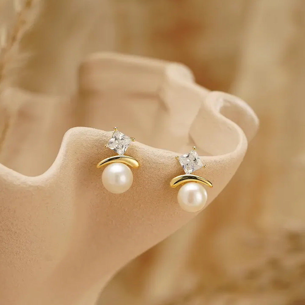 Basic Square Stud Earrings For Women In Silver Copper With Zircon Inlay