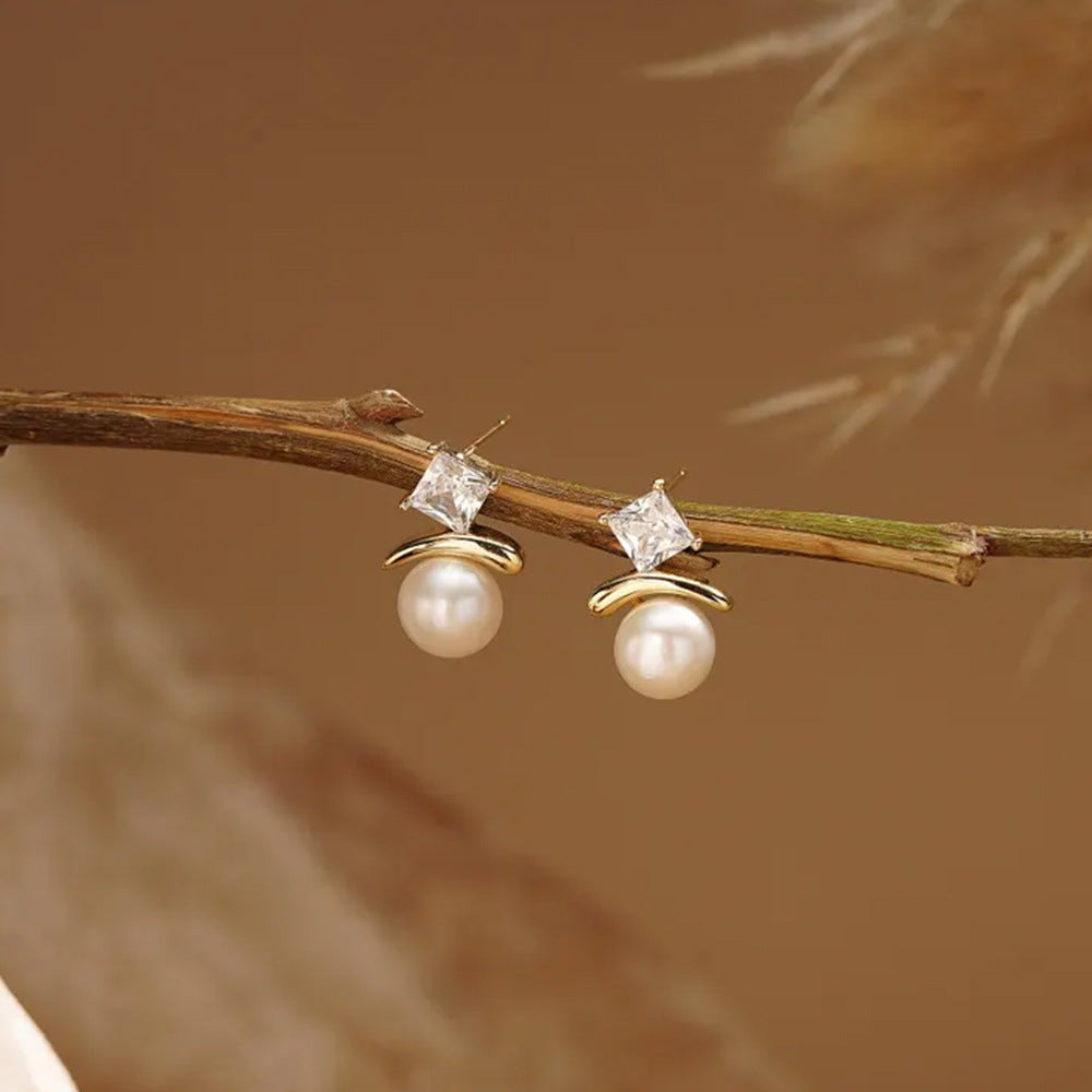 Basic Square Stud Earrings For Women In Silver Copper With Zircon Inlay