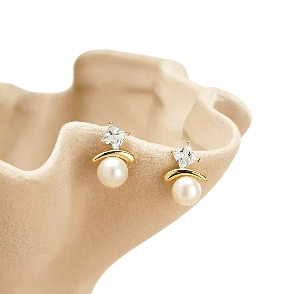 Basic Square Stud Earrings For Women In Silver Copper With Zircon Inlay