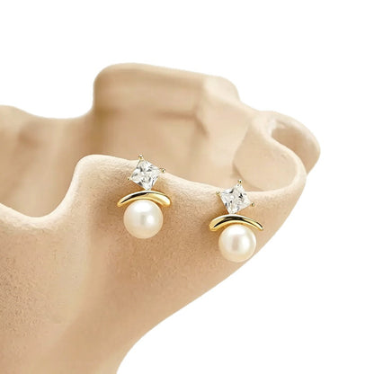 Basic Square Stud Earrings For Women In Silver Copper With Zircon Inlay