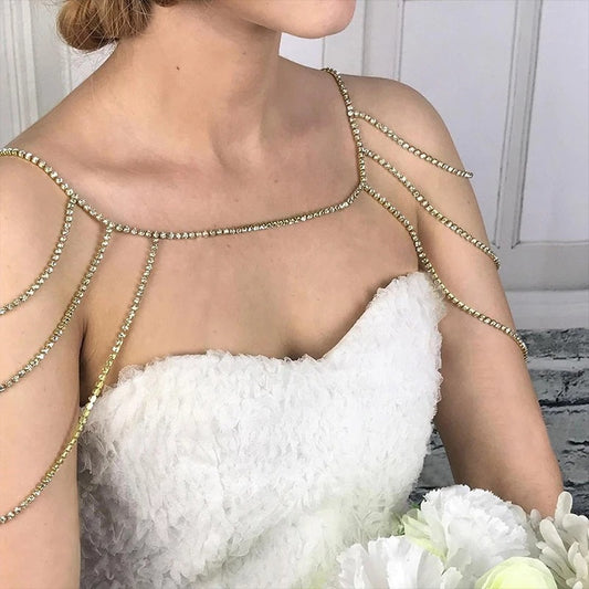 Gold Rhinestone Body Chain For Women Featuring Geometric Design, Perfect For Wedding Chest Accessory