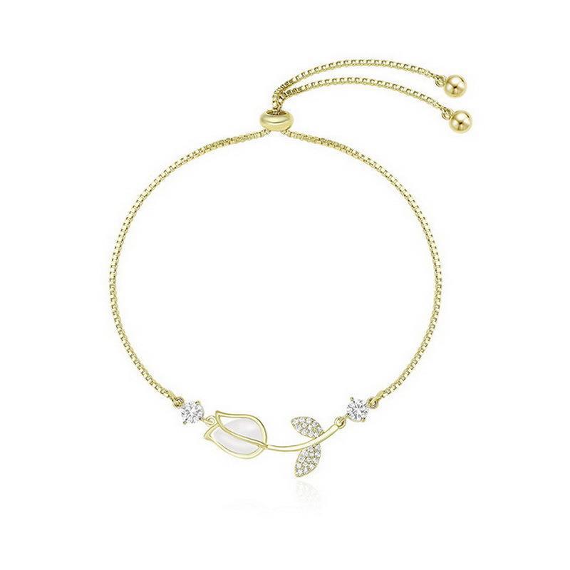Sweet Tulips Bracelet For Women In Golden Plated Copper With Cat's Eye Stone Featuring Electroplated Finish