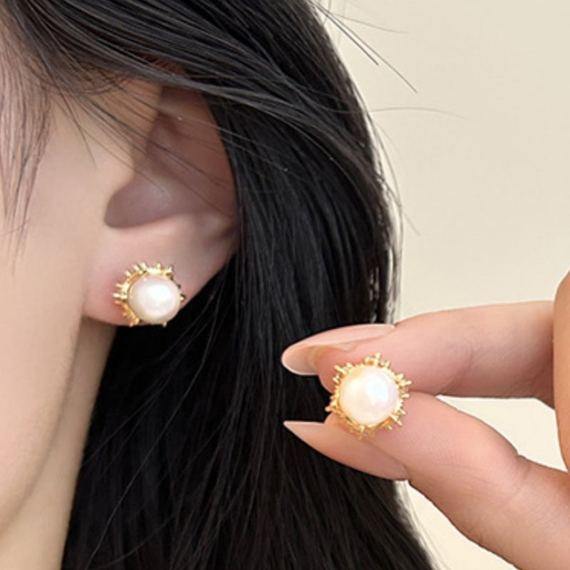 Gold Flowers Stud Earrings For Women Featuring Copper Ear Pins And Zircon Inlay