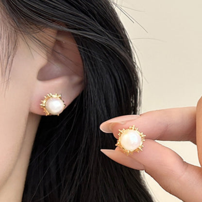 Gold Flowers Stud Earrings For Women Featuring Copper Ear Pins And Zircon Inlay