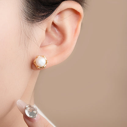 Gold Flowers Stud Earrings For Women Featuring Copper Ear Pins And Zircon Inlay