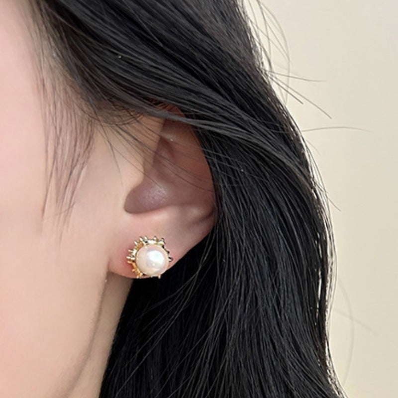 Gold Flowers Stud Earrings For Women Featuring Copper Ear Pins And Zircon Inlay