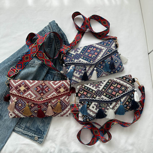 Color Block Square Cotton Shoulder Bag For Women With Tassel And Single Shoulder Strap