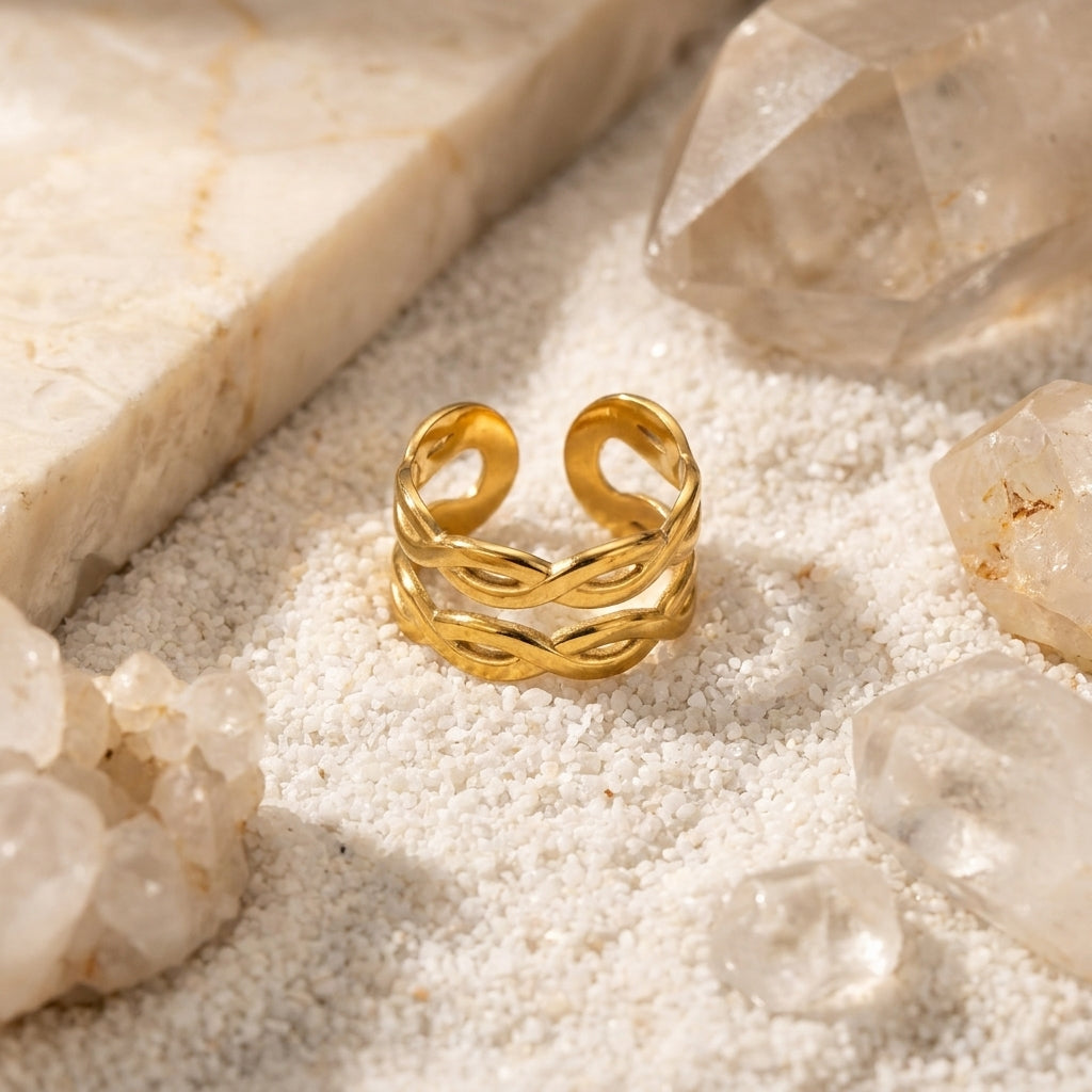 Geometric Electroplated Rings For Women In 304 Stainless Steel With 18K Real Gold PVD Coating And Zircon Inlay