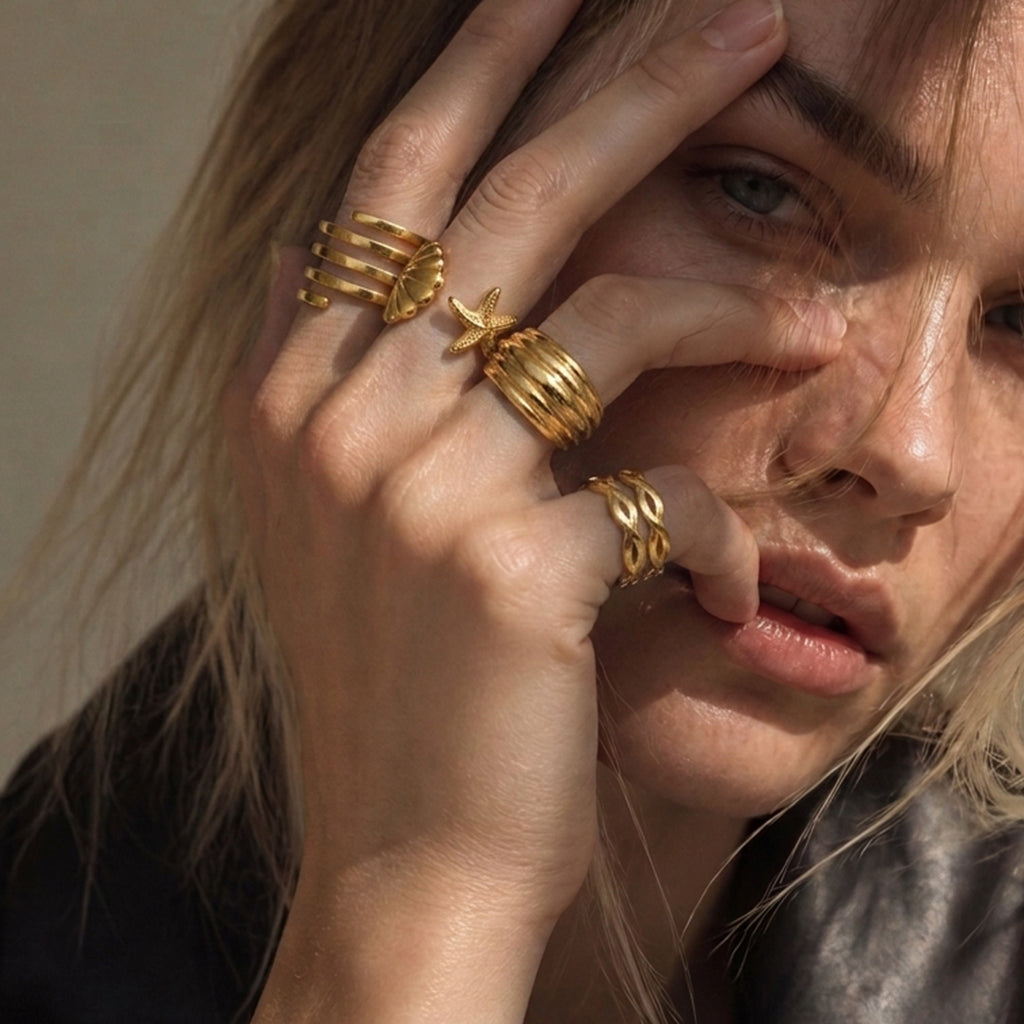 Geometric Electroplated Rings For Women In 304 Stainless Steel With 18K Real Gold PVD Coating And Zircon Inlay