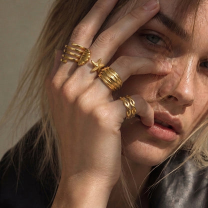 Geometric Electroplated Rings For Women In 304 Stainless Steel With 18K Real Gold PVD Coating And Zircon Inlay