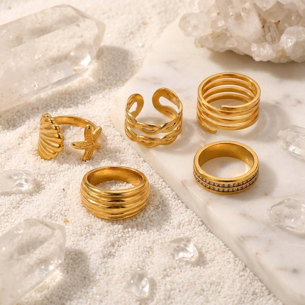 Geometric Electroplated Rings For Women In 304 Stainless Steel With 18K Real Gold PVD Coating And Zircon Inlay
