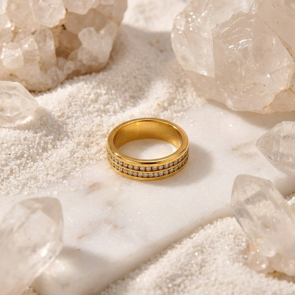 Geometric Electroplated Rings For Women In 304 Stainless Steel With 18K Real Gold PVD Coating And Zircon Inlay