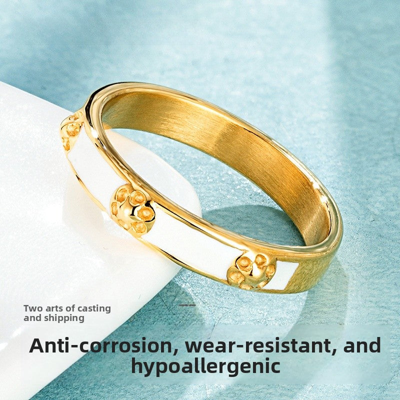 Simple Style Flowers Enamel Rings For Women In Titanium Steel With 18K Real Gold Electroplated Plating
