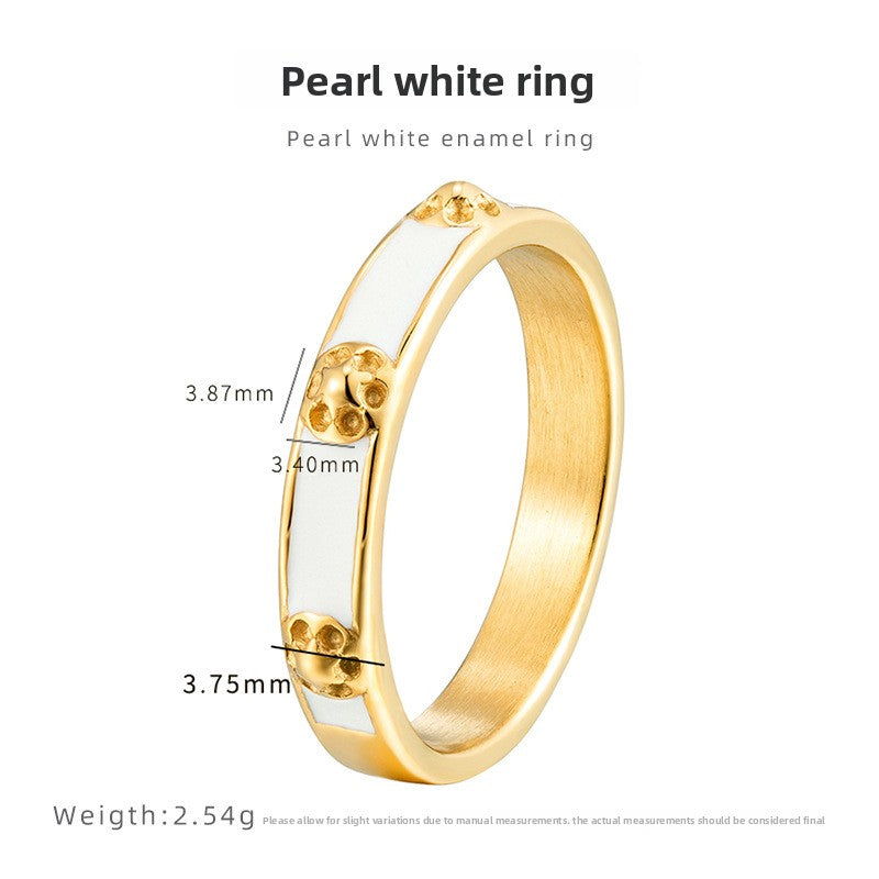 Simple Style Flowers Enamel Rings For Women In Titanium Steel With 18K Real Gold Electroplated Plating