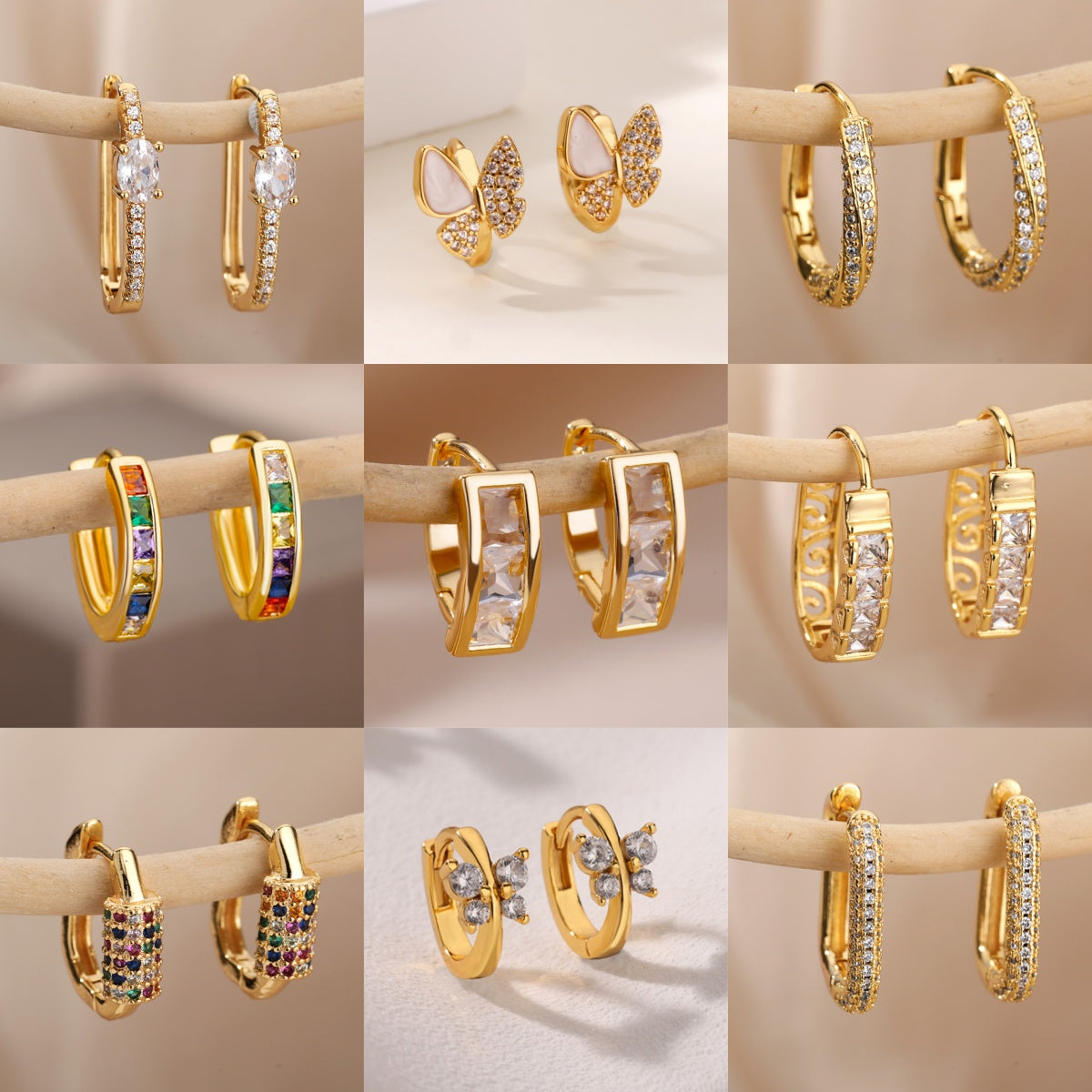 Geometric Waterproof Non Tarnish Earrings For Women, Copper With 18K Real Gold Plated PVD Coating And Zircon Inlay