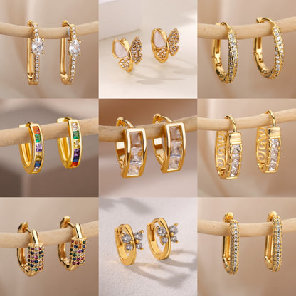 Geometric Waterproof Non Tarnish Earrings For Women, Copper With 18K Real Gold Plated PVD Coating And Zircon Inlay