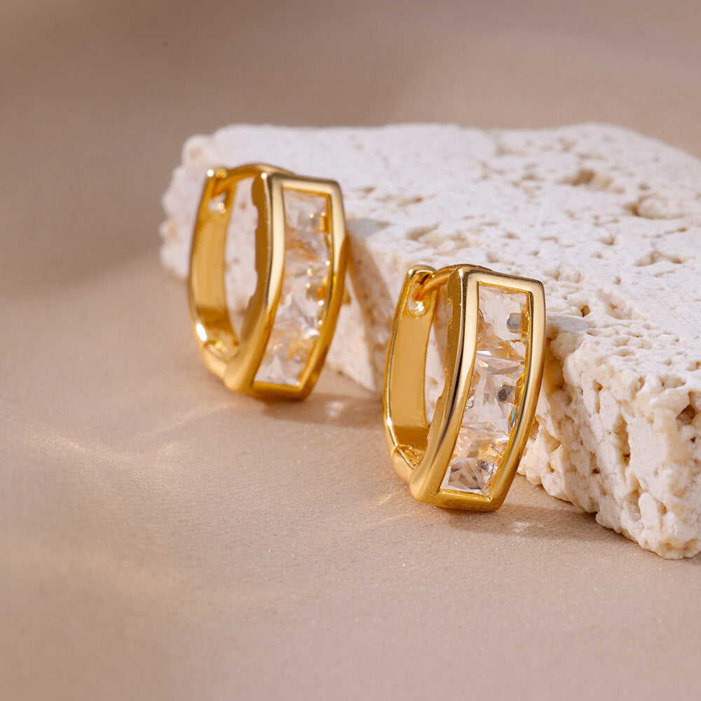 Geometric Waterproof Non Tarnish Earrings For Women, Copper With 18K Real Gold Plated PVD Coating And Zircon Inlay