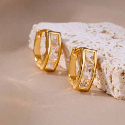 Geometric Waterproof Non Tarnish Earrings For Women, Copper With 18K Real Gold Plated PVD Coating And Zircon Inlay