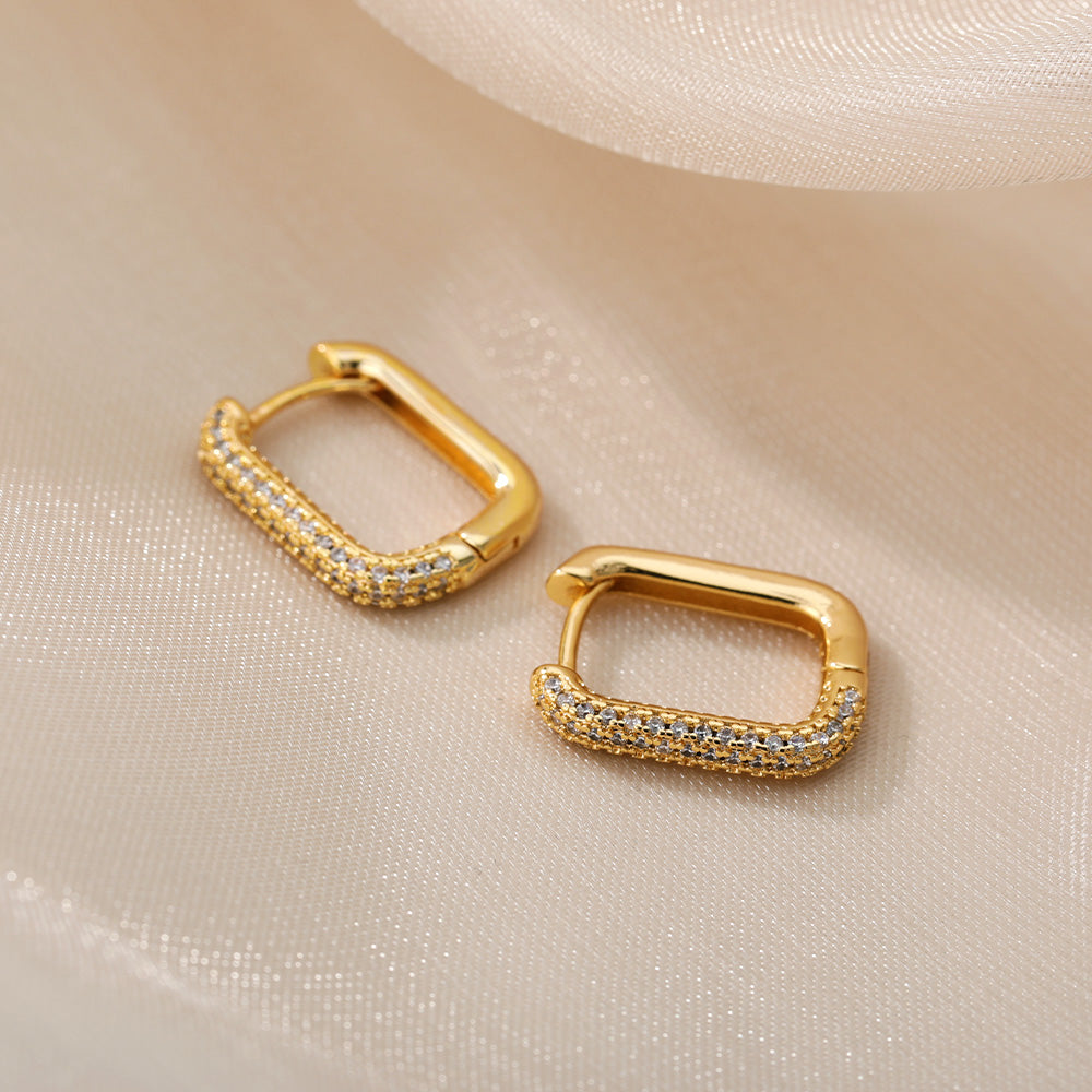 Geometric Waterproof Non Tarnish Earrings For Women, Copper With 18K Real Gold Plated PVD Coating And Zircon Inlay