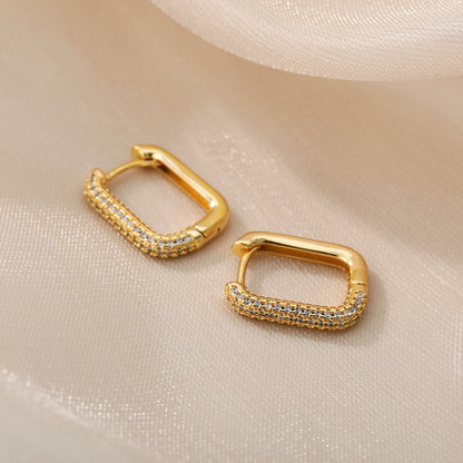 Geometric Waterproof Non Tarnish Earrings For Women, Copper With 18K Real Gold Plated PVD Coating And Zircon Inlay