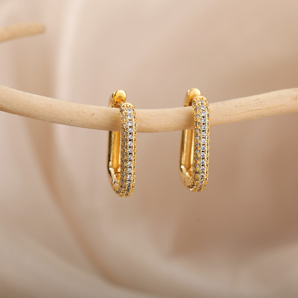 Geometric Waterproof Non Tarnish Earrings For Women, Copper With 18K Real Gold Plated PVD Coating And Zircon Inlay