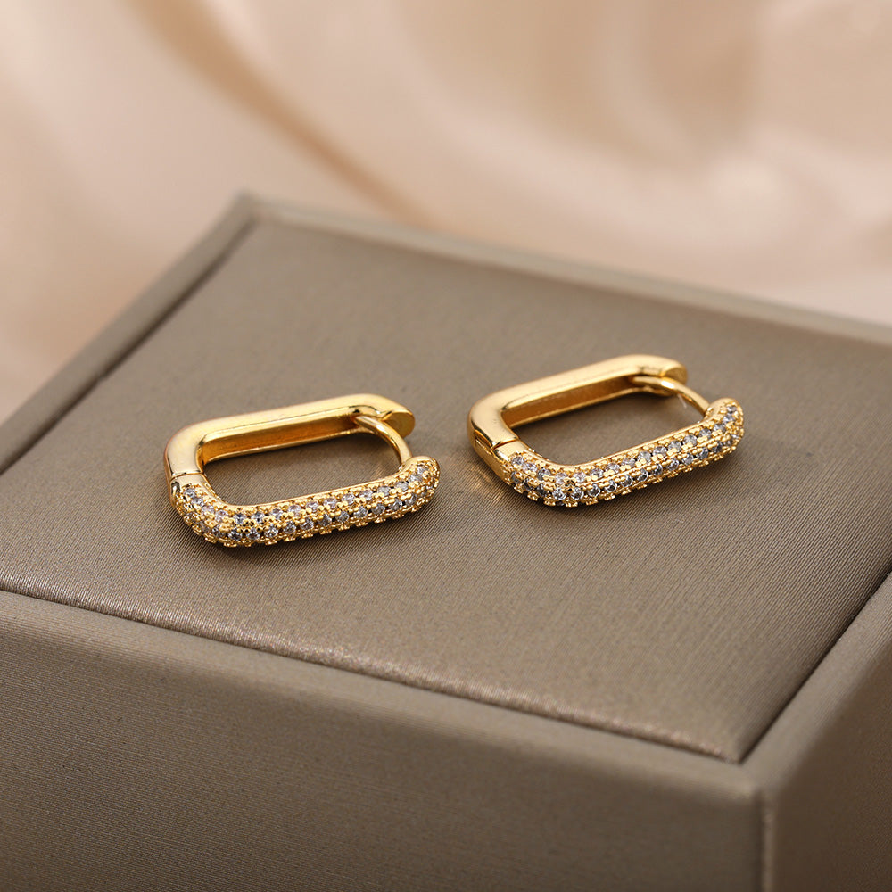 Geometric Waterproof Non Tarnish Earrings For Women, Copper With 18K Real Gold Plated PVD Coating And Zircon Inlay
