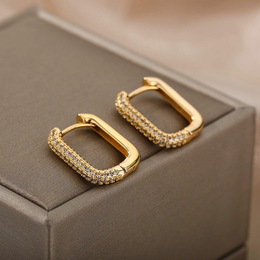 Geometric Waterproof Non Tarnish Earrings For Women, Copper With 18K Real Gold Plated PVD Coating And Zircon Inlay