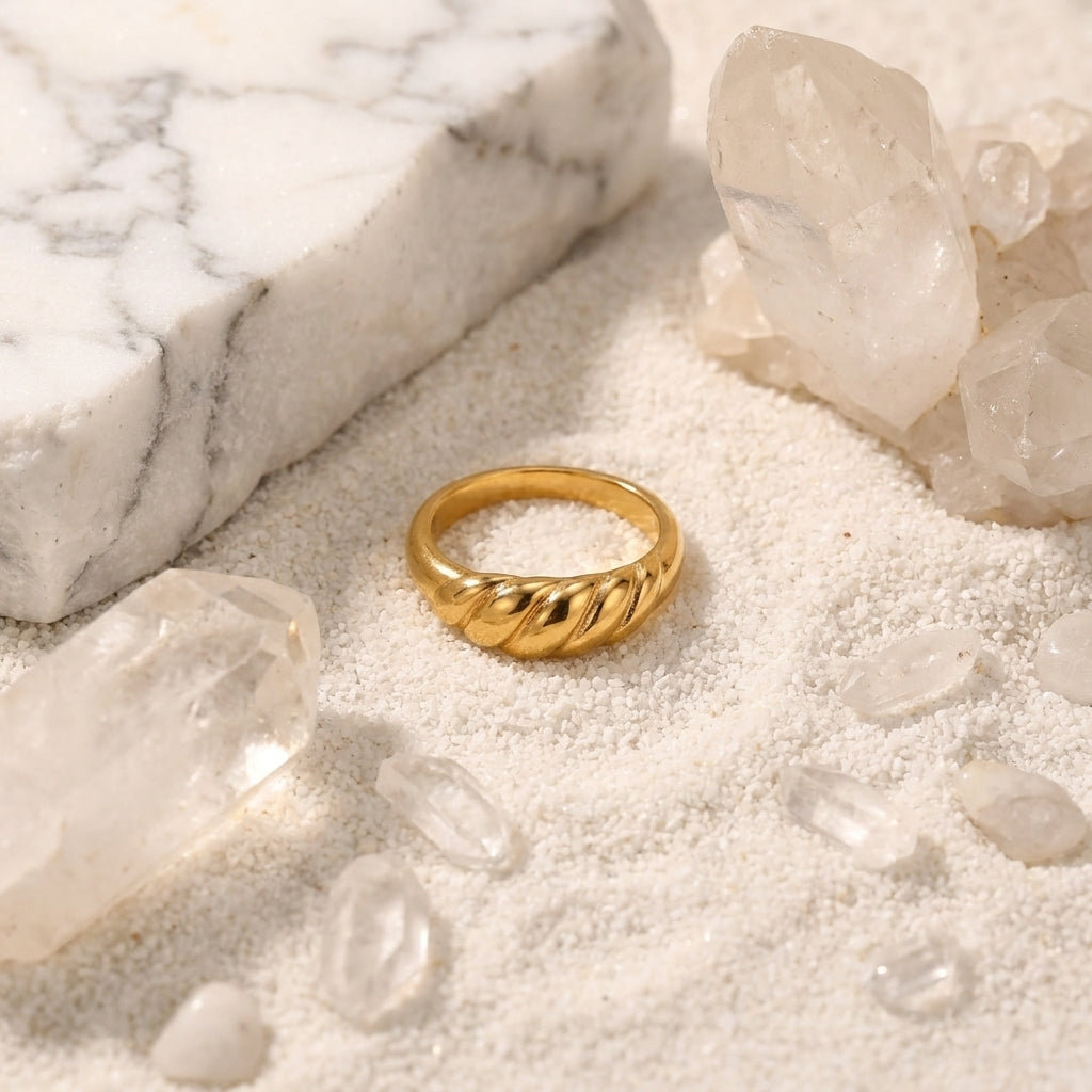Geometric Electroplated Rings For Women In 304 Stainless Steel With 18K Real Gold PVD Coating And Zircon Inlay