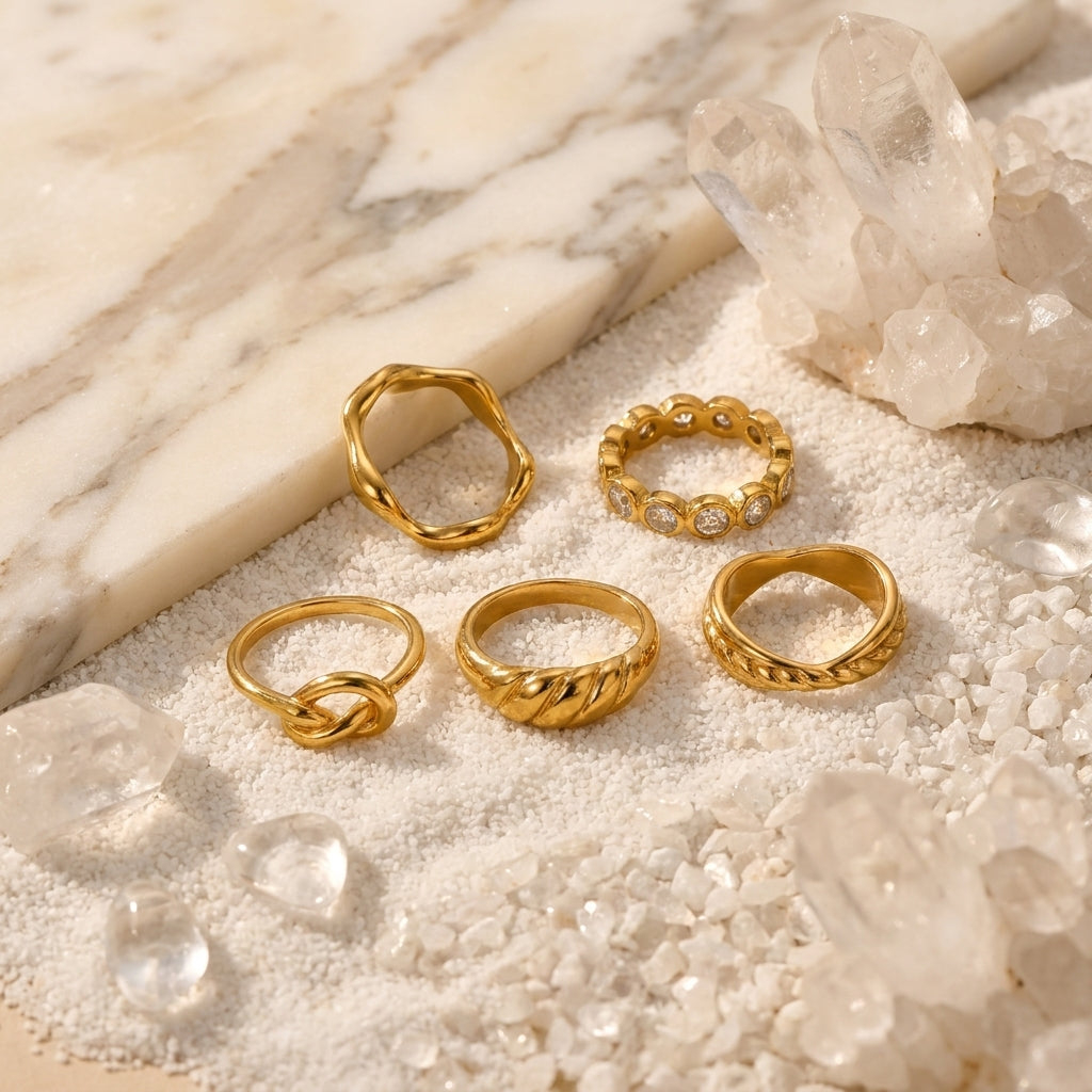 Geometric Electroplated Rings For Women In 304 Stainless Steel With 18K Real Gold PVD Coating And Zircon Inlay