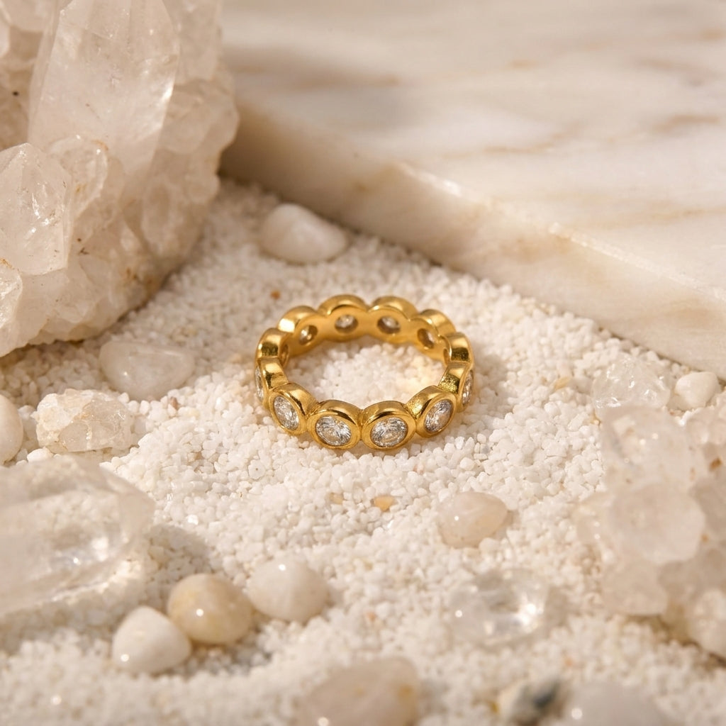 Geometric Electroplated Rings For Women In 304 Stainless Steel With 18K Real Gold PVD Coating And Zircon Inlay