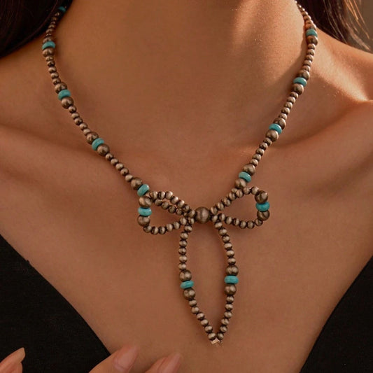 Bohemian Green Beaded Bow Tie Necklace With Ball Chain, Unisex Style