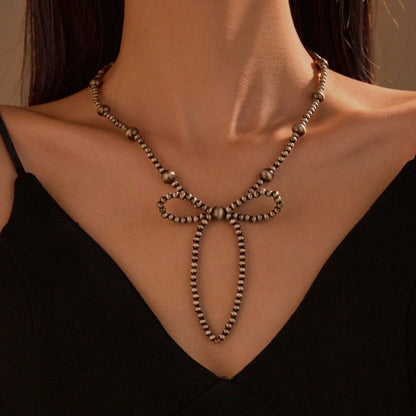 Bohemian Green Beaded Bow Tie Necklace With Ball Chain, Unisex Style