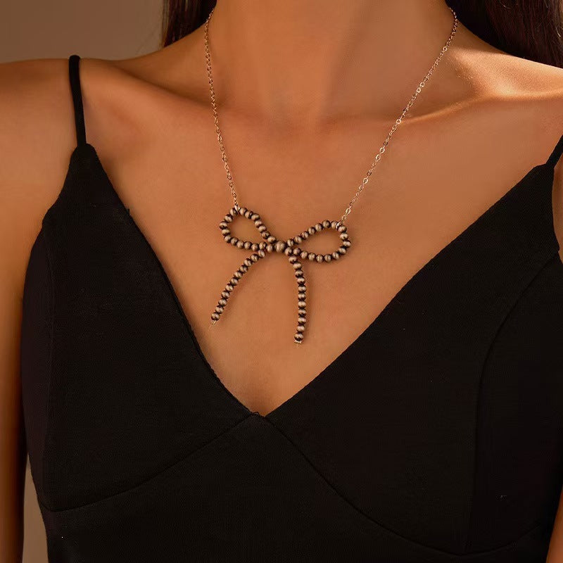 Bohemian Green Beaded Bow Tie Necklace With Ball Chain, Unisex Style