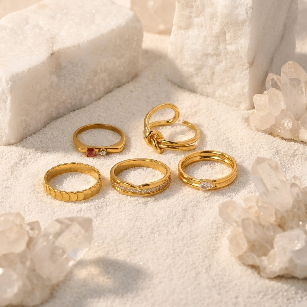 Geometric Electroplated Rings For Women In 304 Stainless Steel With 18K Real Gold PVD Coating And Zircon Inlay