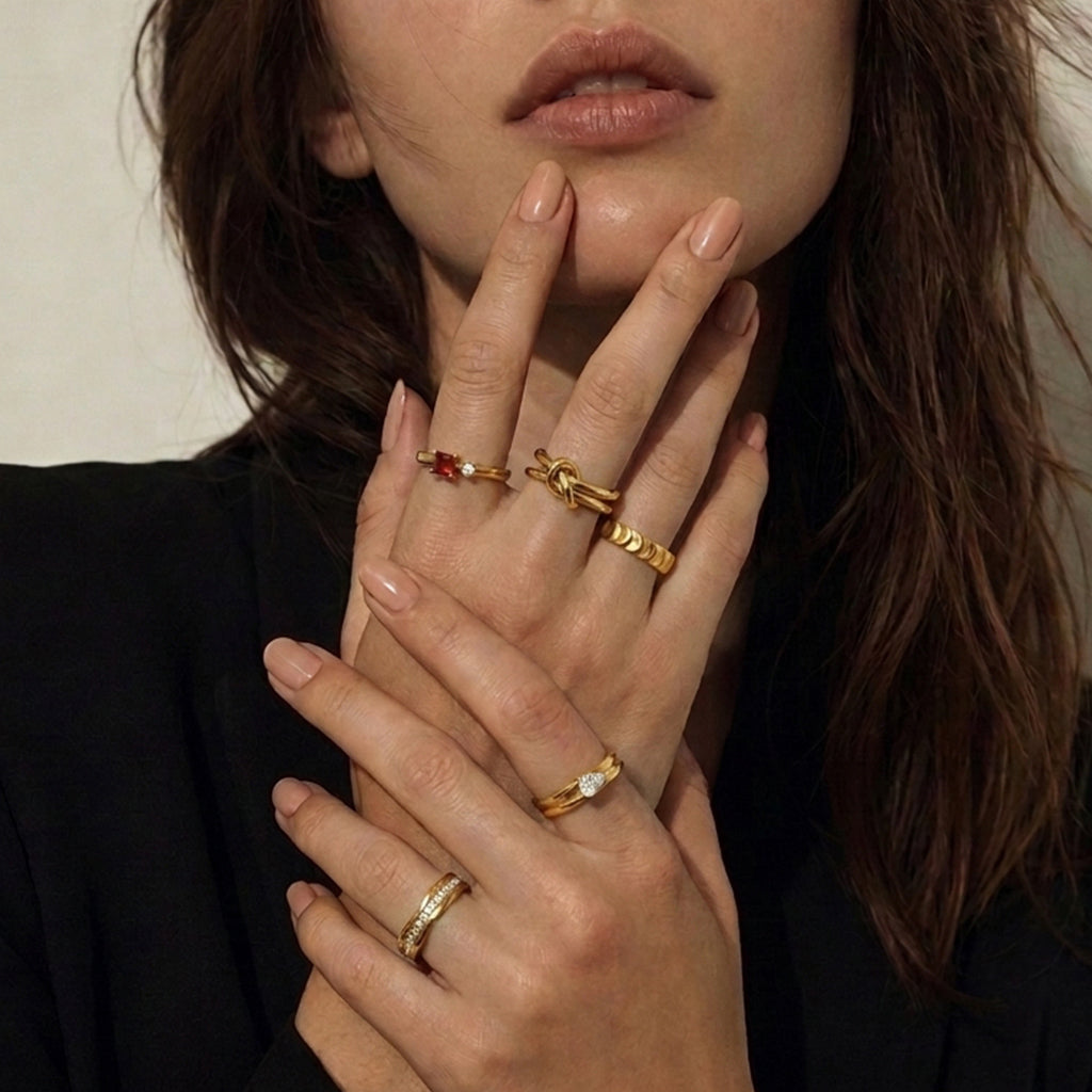 Geometric Electroplated Rings For Women In 304 Stainless Steel With 18K Real Gold PVD Coating And Zircon Inlay