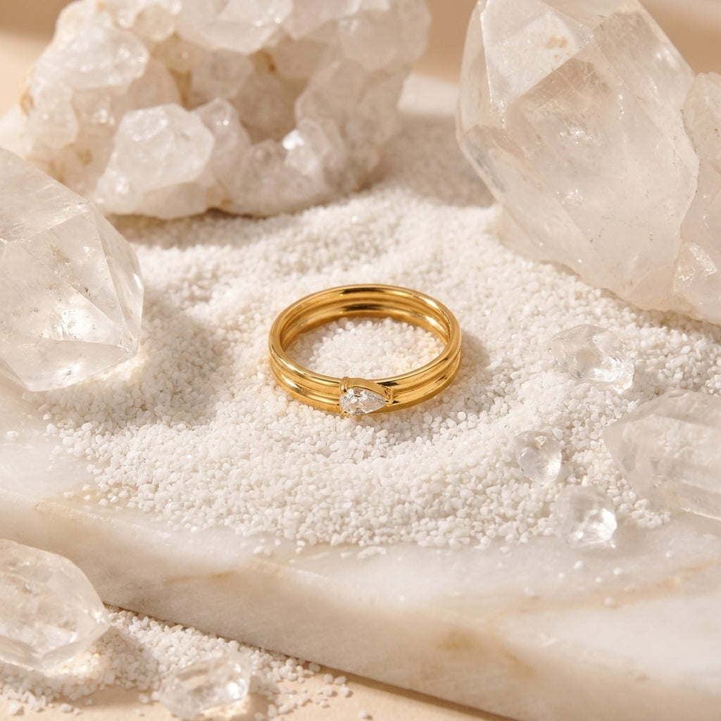 Geometric Electroplated Rings For Women In 304 Stainless Steel With 18K Real Gold PVD Coating And Zircon Inlay