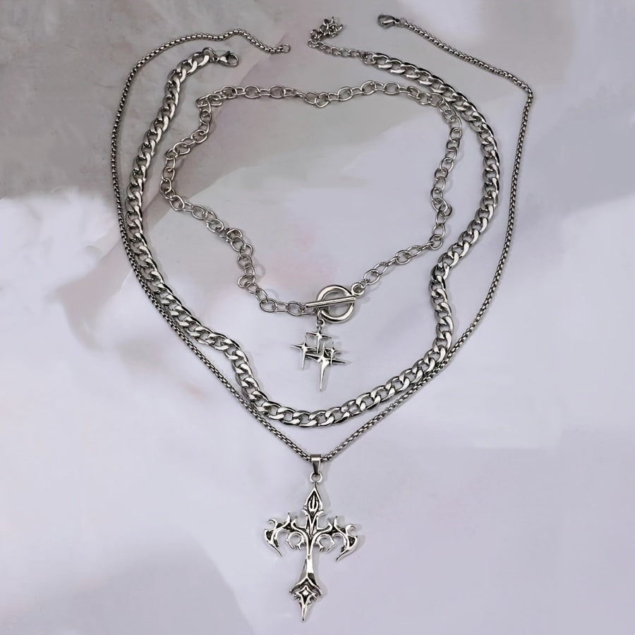 Handmade Punk Cross Pendant Necklace In White K Plated Zinc Alloy With Handmade Chain, Sibling Suit Style