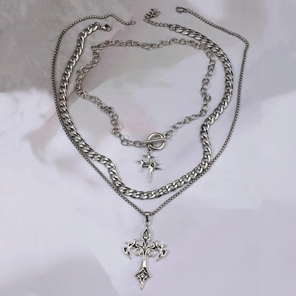 Handmade Punk Cross Pendant Necklace In White K Plated Zinc Alloy With Handmade Chain, Sibling Suit Style