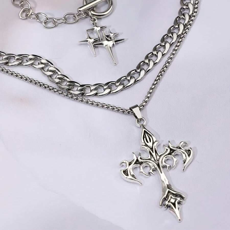 Handmade Punk Cross Pendant Necklace In White K Plated Zinc Alloy With Handmade Chain, Sibling Suit Style