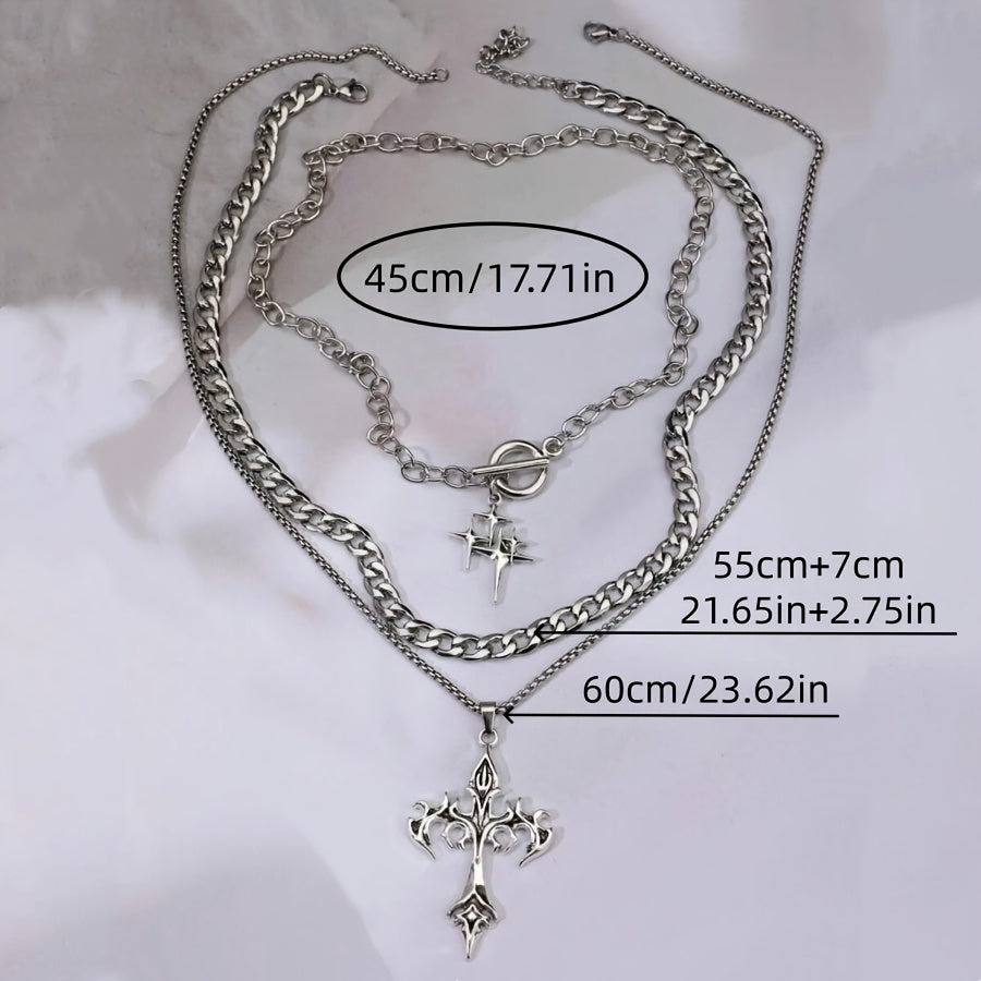 Handmade Punk Cross Pendant Necklace In White K Plated Zinc Alloy With Handmade Chain, Sibling Suit Style