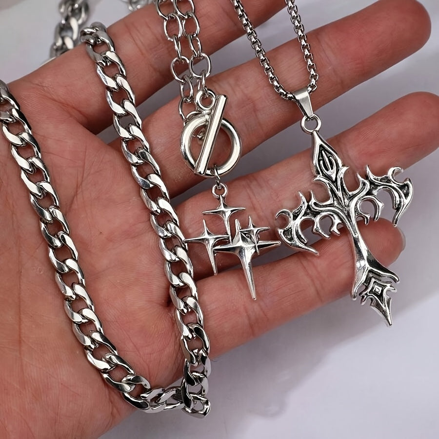 Handmade Punk Cross Pendant Necklace In White K Plated Zinc Alloy With Handmade Chain, Sibling Suit Style