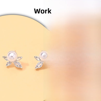 Silver Leaf Stud Earrings For Women With Imitation Pearl And Zircon, Featuring Electroplated Craftsmanship