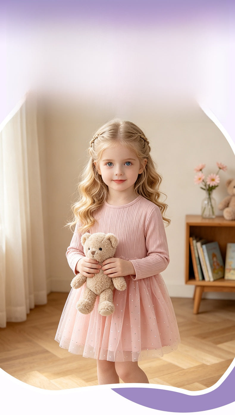 Princess Style Girl's Animal Pattern Cotton Dress With Puff Long Sleeves For Toddlers 3-6 Years