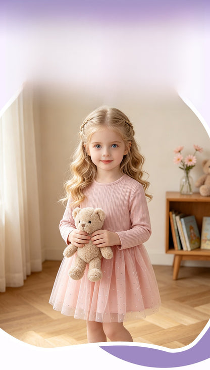 Princess Style Girl's Animal Pattern Cotton Dress With Puff Long Sleeves For Toddlers 3-6 Years