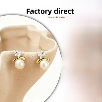 Basic Square Stud Earrings For Women In Silver Copper With Zircon Inlay