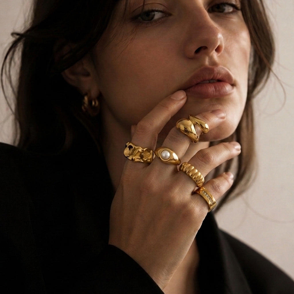 Geometric Electroplated Rings For Women In 304 Stainless Steel With 18K Real Gold PVD Coating And Artificial Pearl Inlay