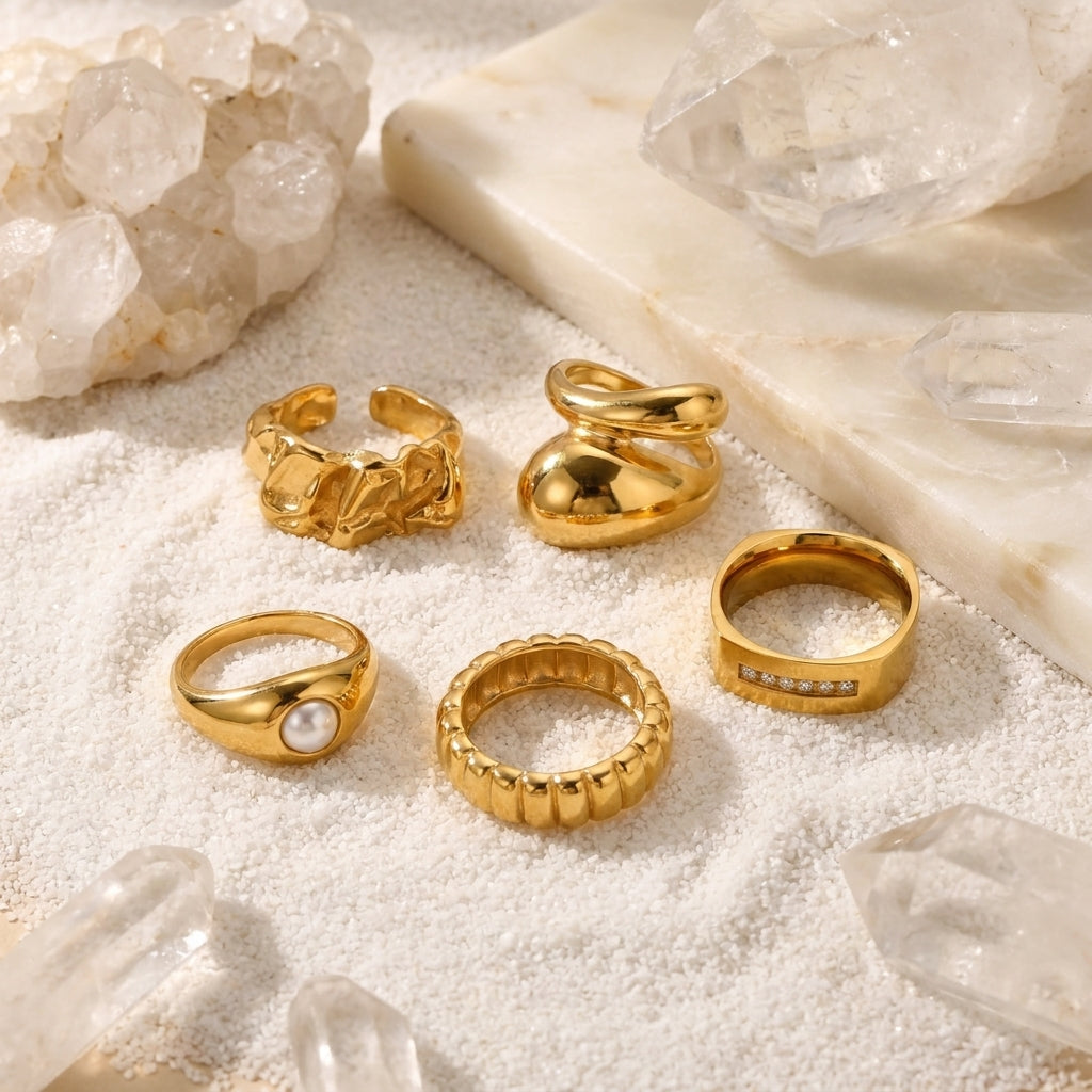 Geometric Electroplated Rings For Women In 304 Stainless Steel With 18K Real Gold PVD Coating And Artificial Pearl Inlay