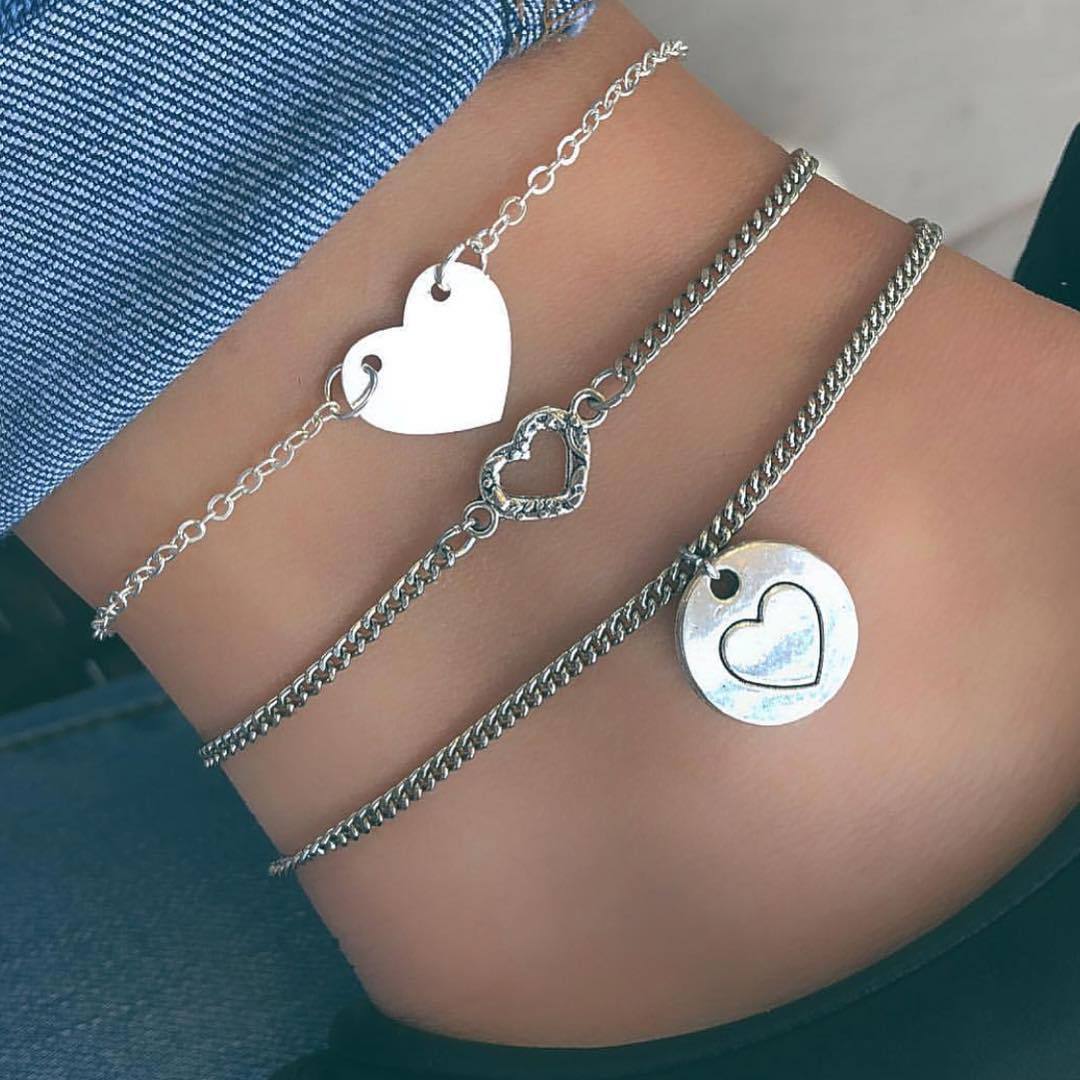 3 Pieces Set Punk Alloy Anklet For Women With Heart Shape Tassel And Rhinestone Inlay
